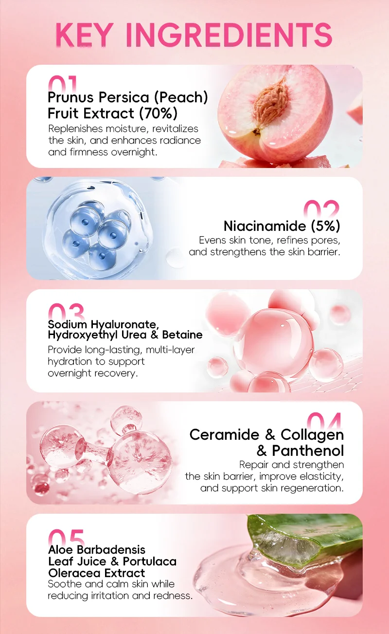 Skincare product ingredients list with Prunus Persica, Niacinamide, Sodium Hyaluronate, Ceramide, and Aloe Barbadensis.